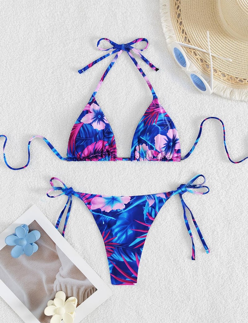 Tainehs Women's Sexy Halter Thong Bikini Tie Two Sides Bottom Triangle Bikini Swimsuits Pink Flower - Image 5